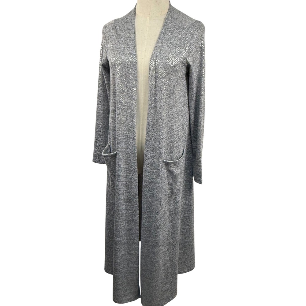 Boho Longline Duster Maxi Cardigan S Open Front Silver Foil Elegant Metallic
